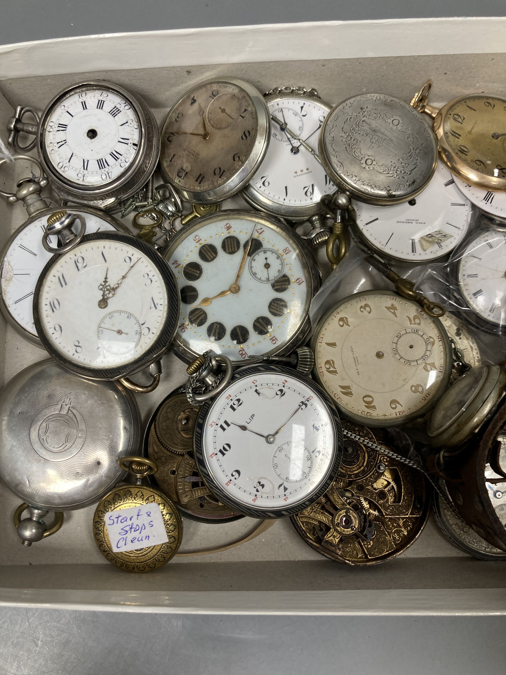A collection of assorted mainly base metal pocket watches, movement etc. including niello, early 20th century wrist watch and a silver pair cased pocket watch (mainly a.f.).